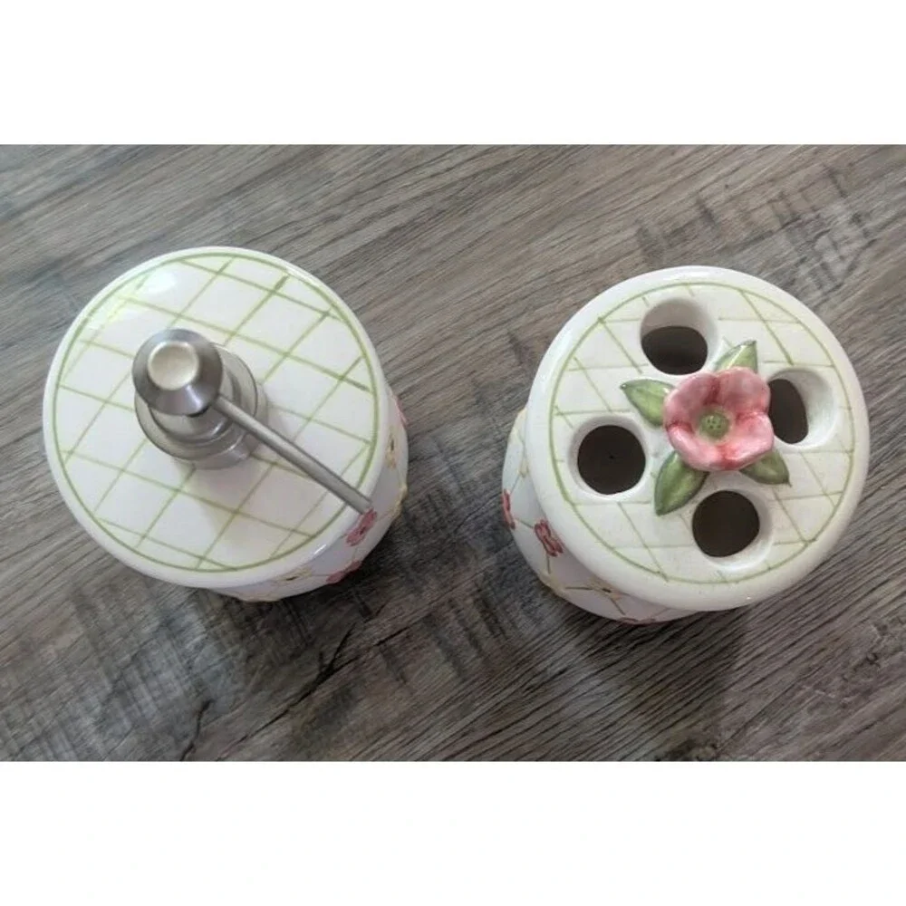 Longaberger Dainty Dogwood hand-painted stoneware soap dispenser  tumbler set